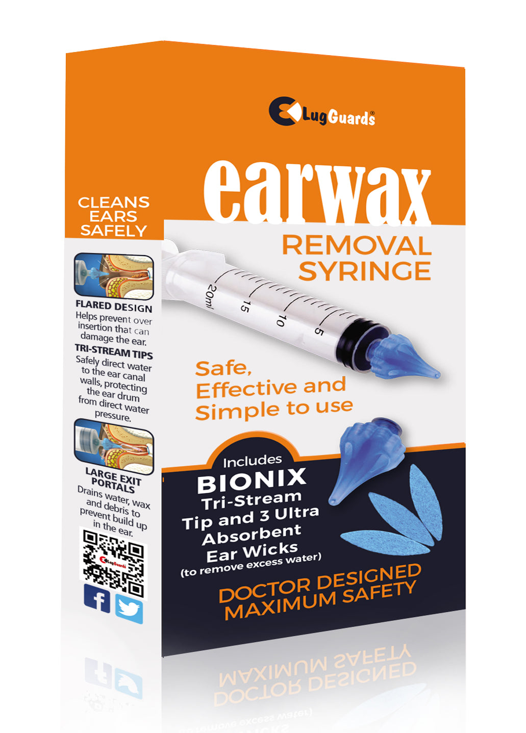 LUGGUARDS® 20ml Tri-Stream Ear Wax Remover (Removal) Syringe, Doctor Designed & CE Certified + 3 Ultra Absorbant Ear Wicks